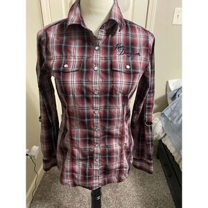 Harley Davidson Women S Plaid Button Up Shirt American‎ Flag Eagle Design *READ*